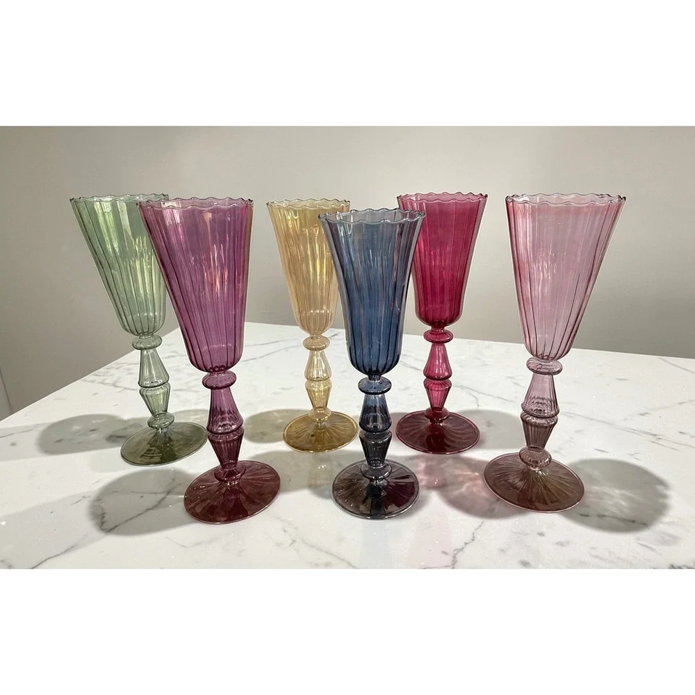 6 Handblown Venetian Murano Glass‎ Iridescent Ribbed Champagne Flutes Multicolor